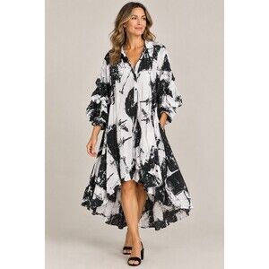 STEP IN STYLE Black White Art To Wear Hi-Low Lagenlook Swing Tunic Dress - 3X